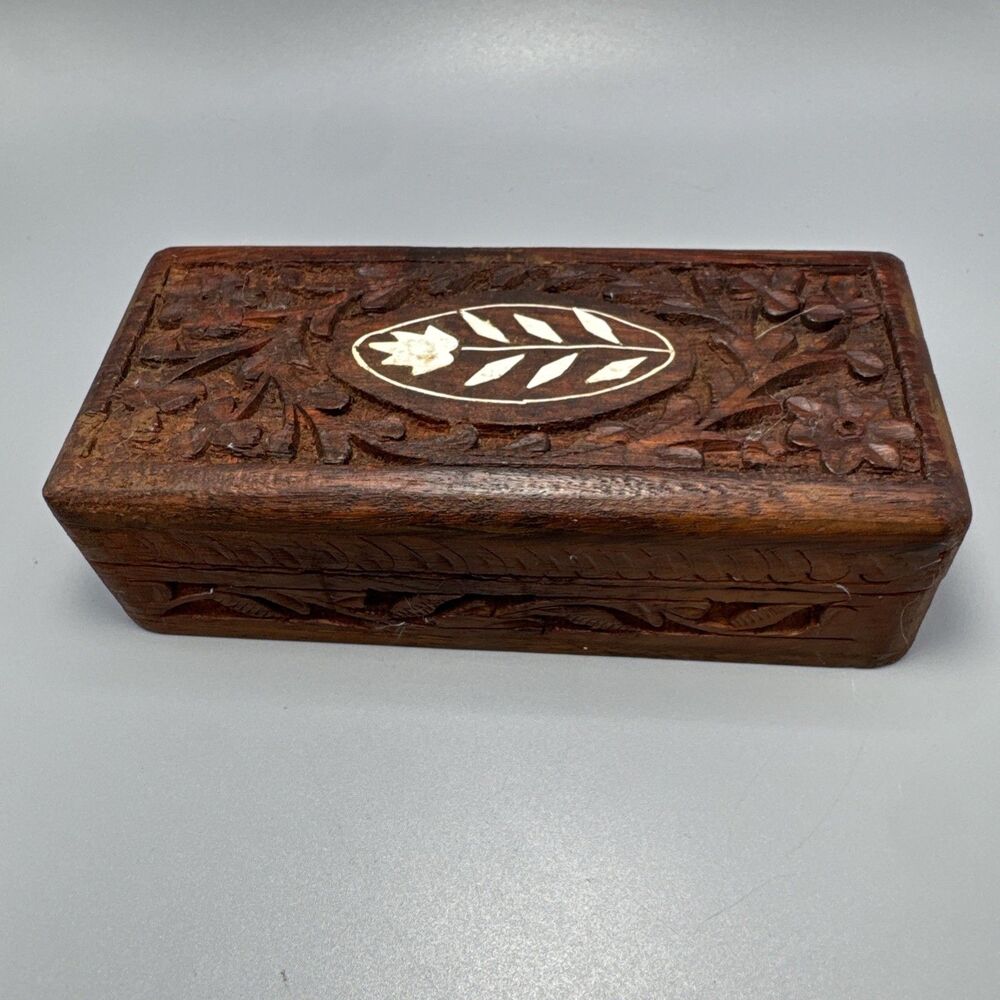 Vintage Hand Carved Wooden Jewelry Keepsake Trinket Box, Made In India 5.5x2x1.5